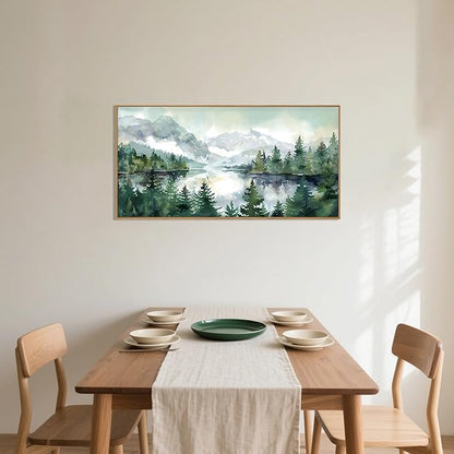 Celestdeco Watercolor Mountain Framed Canvas Wall Art Set, Boho Forest Wall Decor, Nature Green Pines Wall Painting, Forest Wilderness Artwork for Living Room, Bedroom, Dining Room, Office - 20"x40"x1