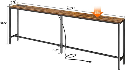 SUPERJARE 78.7 Inch Console Table with Outlet, Sofa Table with Charging Station, Narrow Hallway Entryway Table, Behind Couch Table, for Living Room, Rustic Brown