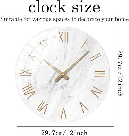 White Small Wall Clocks Battery Operated Marble Analog Clock for Bedroom 12 Inch Round Silent Wall Clock Modern
