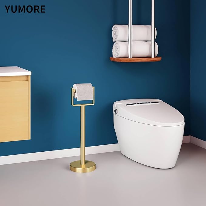 YUMORE Toilet Paper Holder Free Standing, Stainless Steel Toilet Paper Stand, Weighted Base Floor Tissue Roll Holder for Bathroom,Gold 200UP