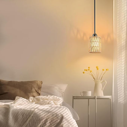 Pendant Light Boho Hanging Lamp - Rattan & Linen 2-in-1 Shade, Adjustable Hanging Lights Fixture for Kitchen Island, Dining Room, Farmhouse, Bedroom (2 Pack)