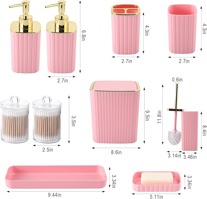 Pink Bathroom Accessories Set - Gorgeous Bathroom Set, 10PC Bathroom Accessory Set, Toilet Brush, Trash Can, Qtip Holder Dispenser & Soap Dispenser