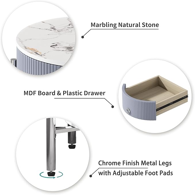 OIOG Round Side Table with Drawer, Modern Nightstand with Shelf and Chrome Finish Metal Legs, 2 Tier End Table for Living Room, Bedroom, Office, Marbling Natural Stone/Silver