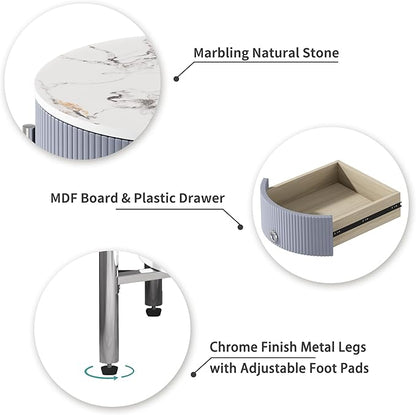 OIOG Round Side Table with Drawer, Modern Nightstand with Shelf and Chrome Finish Metal Legs, 2 Tier End Table for Living Room, Bedroom, Office, Marbling Natural Stone/Silver