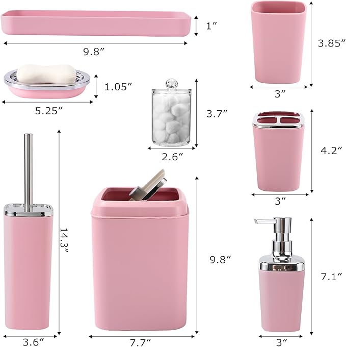 Pink Bathroom Accessories Set, 9PCS Pink Bathroom Accessory Sets Complete with Trash Can, Tray,Soap Dispenser,Soap Dish,Toothbrush Holder,Cup,Toilet Brush and Qtip Holders for Housewarming