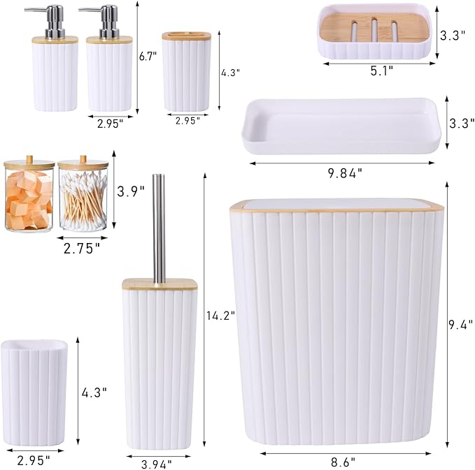Bathroom Accessories Set - Elegant White Bathroom Set, 10PC Bathroom Accessory Set, Toilet Brush, Trash Can, Qtip Holder Dispenser & Soap Dispenser