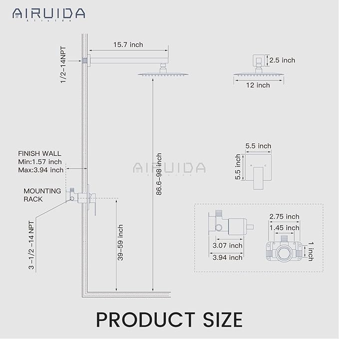 Airuida Shower Faucet Set Bathroom Rain Shower System SUS304 Stainless Steel Single Handle With Male Threads Rough-in Valve Shower Trim Kit 12 Inch Wall Mount Shower Head Brushed Gold