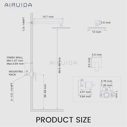 Airuida Shower Faucet Set Bathroom Rain Shower System SUS304 Stainless Steel Single Handle With Male Threads Rough-in Valve Shower Trim Kit 12 Inch Wall Mount Shower Head Brushed Gold