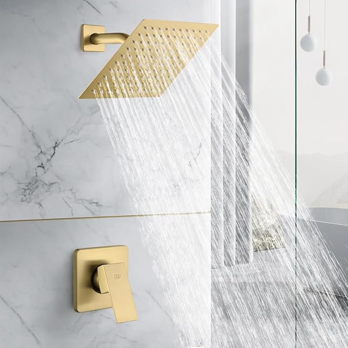 POP SANITARYWARE Shower Faucet Set Brushed Gold Bathroom Rainfall 8 Inch Shower Head System, Single Handle Shower Trim Kit with Rough-in Valve