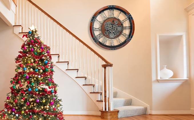 DORBOKER 24" Original Moving Gears Wall Clock, Large Industrial Wall Clock for Living Room Decor,Oversized Wood Vintage Farmhouse Steampunk Rustic Clocks for Wall Decor,Black Walnut