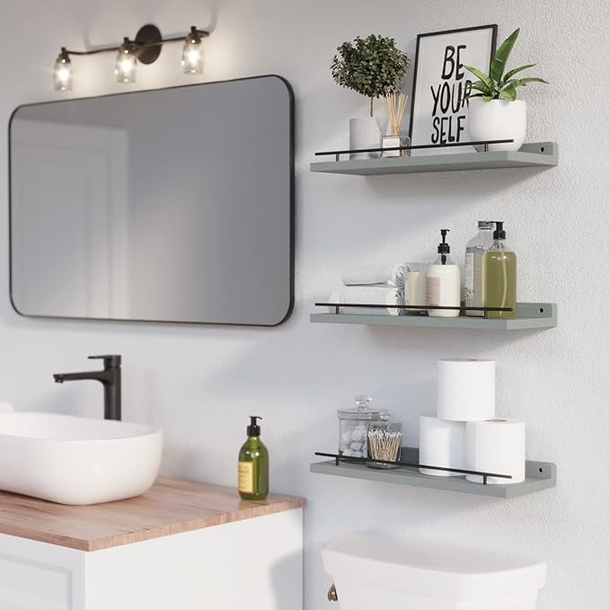 WOPITUES Floating Shelves with Black Metal Guardrail, Shelves for Wall Decor Set of 3, Wall Shelves for Bedroom, Bathroom, Kitchen, Living Room, Plants, Picture Frames, Art- Grey