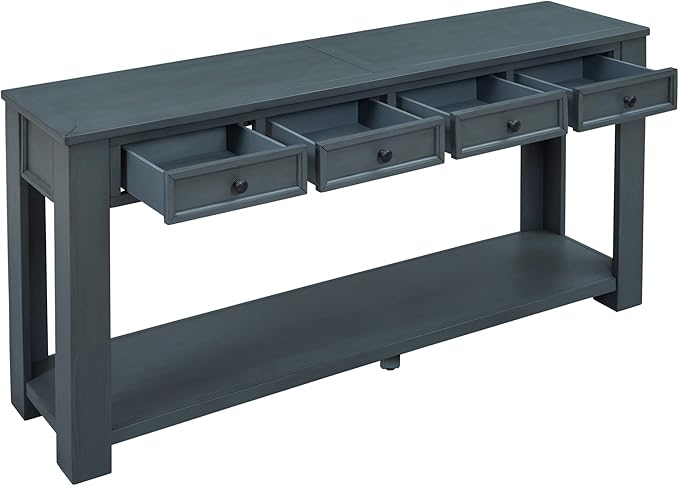 Solid Wood Console Table, Long Sofa Table Entryway Table with 4 Drawers and Bottom Shelf for Hallway Living Room Couch Table,Fully Assembled (63" Navy)