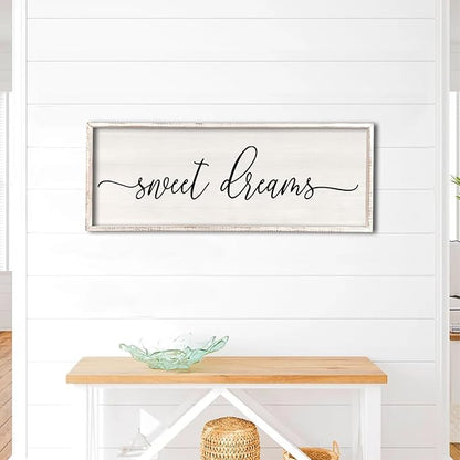 Sweet Dreams Wall Decor Above Bed 32''×12'' Master Bedroom Large Sweet Dreams Sign Farmhouse Wall Decor Guest Room Wood Rustic Framed Wall Art Hanging Decoration (White)