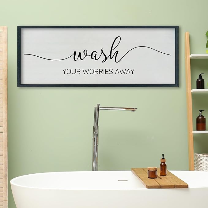 SRSZHIYUE Wash Your Worries Away Bathroom Sign Wall Art 40"x15" Funny Restroom Toilet Large Wood Framed Hanging Decor (Black)