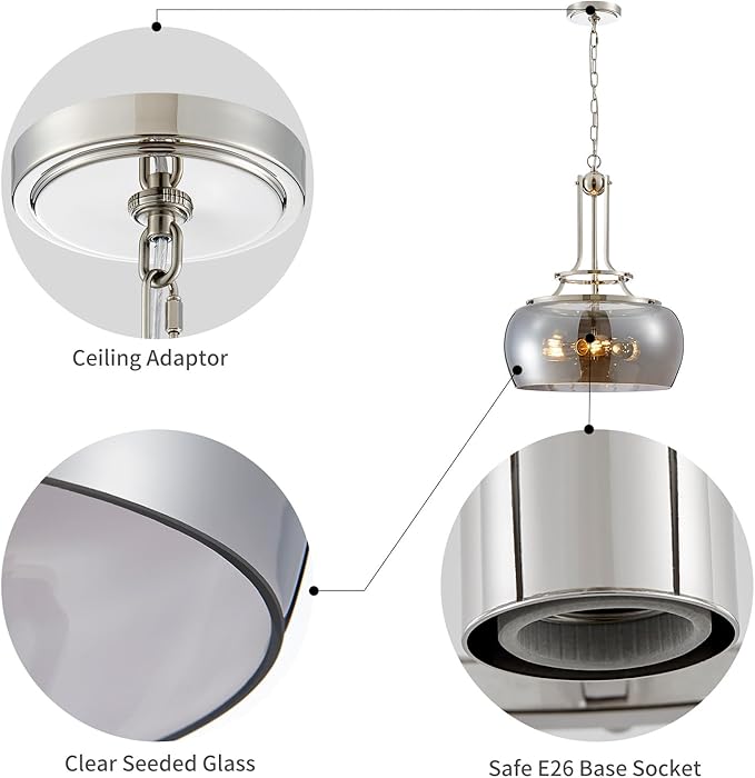 WUZUPS Nickel Chandelier Rustic Farmhouse Industrial Round Ceiling Pendant LED Light Fixture Electroplated Gray Glass Shade for Dining Room Kitchen Island Foyer Entryway, H 20.9" W 15.9", E26 Base