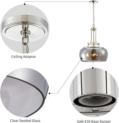 WUZUPS Nickel Chandelier Rustic Farmhouse Industrial Round Ceiling Pendant LED Light Fixture Electroplated Gray Glass Shade for Dining Room Kitchen Island Foyer Entryway, H 20.9" W 15.9", E26 Base
