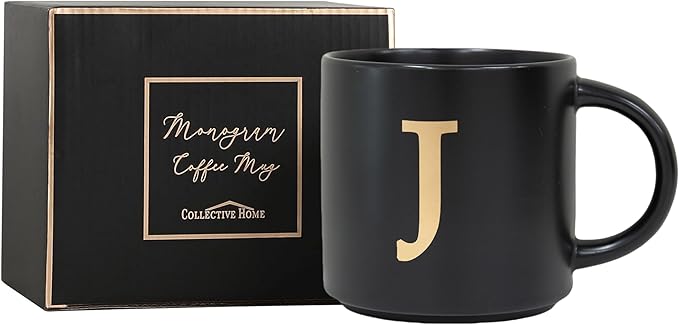 COLLECTIVE HOME - Monogram Ceramic Mugs, 15 oz Golden Initial Black Coffee Cups, Elegant Alphabet Tea Mugs, Elegant Personalized Mug with Gift Box, Unique Mug with Double Side Capital Lette (J)