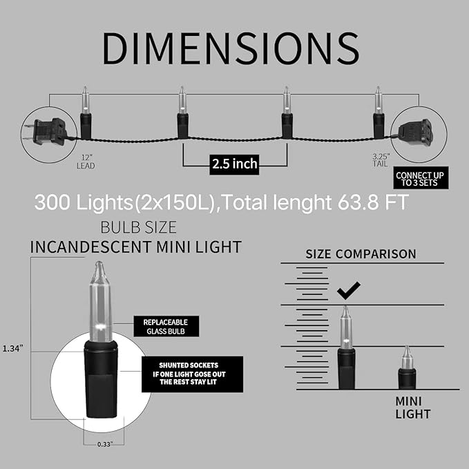 300LIGHTS(2*150L) Blue Extra-Bright with End Connectors Christmas Decorative Lights 19.44m UL Certified Mini String Light Set Waterproof for Home Garden Holiday Tree Party Patio Decor Wedding