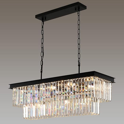 Crystal Chandeliers for Dining Room 11-Light Black Modern Chandelier Rectangle Contemporary Pendant Light Fixture for Kitchen Island Bar L33.5 Inch
