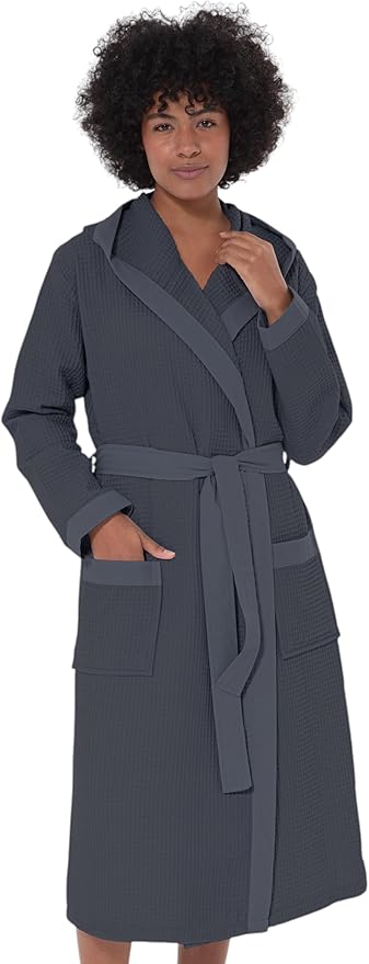 Women’s Luxury Waffle Shawl Collar, Hooded Robe w Piping – Lightweight, Long, Ultra Soft Spa Sleepwear Bathrobe