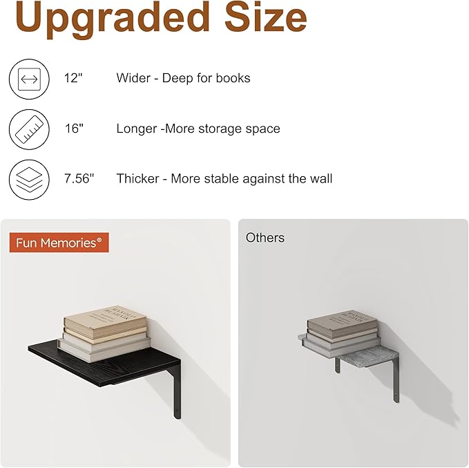 16" W x 12" D Black Floating Shelves for Wall, 12 Inch Deep Floating Shelf with Visible Bracket, Rustic Wood Bookshelf Wall Mounted, Deep Bathroom Shelves for Storage, Set of 2