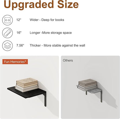 16" W x 12" D Black Floating Shelves for Wall, 12 Inch Deep Floating Shelf with Visible Bracket, Rustic Wood Bookshelf Wall Mounted, Deep Bathroom Shelves for Storage, Set of 2
