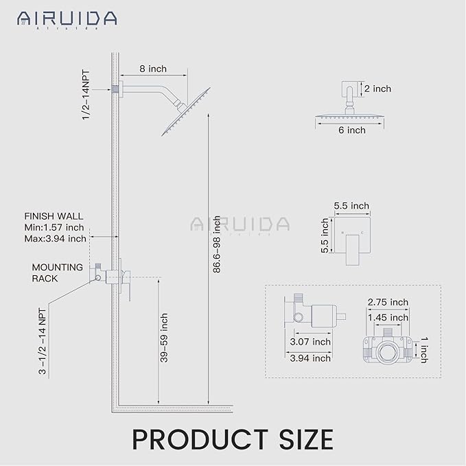 Airuida Shower Faucet Set Bathroom Rain Shower System SUS304 Stainless Steel Single Handle With Male Threads Rough-in Valve Shower Trim Kit 6 Inch Wall Mount Shower Head Brushed Gold