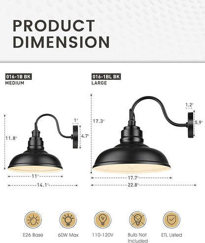 zeyu Black Gooseneck Barn Light, Modern Outdoor Wall Light Fixtures, Barn Light for Garden Garage, Matte Black Finish, 016-1BL BK