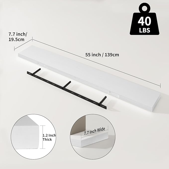 SAUMONIERES Floating Shelves 8 Inch Deep Solid Wood Wide Wall Shelf Set of 1 Wall Mounted for Bedroom Bathroom Living Room Kitchen, 55 Inch White