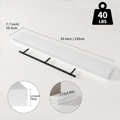 SAUMONIERES Floating Shelves 8 Inch Deep Solid Wood Wide Wall Shelf Set of 1 Wall Mounted for Bedroom Bathroom Living Room Kitchen, 55 Inch White
