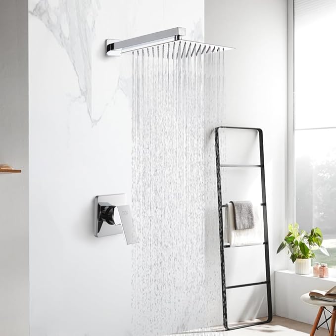 POP SANITARYWARE Shower Faucet Set Chrome Bathroom 10 Inch Rainfall Mixer Shower Head System Wall Mounted Single Handle Shower Trim Kit with Rough-in Valve