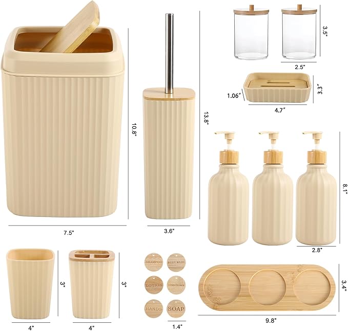 Bathroom Set 17PCS Beige Bathroom Accessories Set Bathroom Sets with Trash Can 3PCS Lotion Soap Dispenser, Toothbrush Holder,6PCS Wood Tags Bathroom Accessories for Kitchen Bathroom