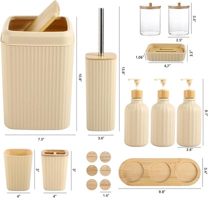 Bathroom Set 17PCS Beige Bathroom Accessories Set Bathroom Sets with Trash Can 3PCS Lotion Soap Dispenser, Toothbrush Holder,6PCS Wood Tags Bathroom Accessories for Kitchen Bathroom