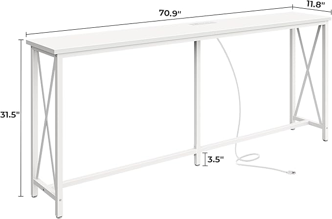 SUPERJARE 70 Inch Console Table with Outlets and USB-C Port, Extra Long Behind Couch Sofa Table with X-Shaped Design, Narrow for Entryway, Living Room, Metal Frame, Wooden Top, White