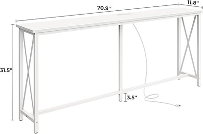 SUPERJARE 70 Inch Console Table with Outlets and USB-C Port, Extra Long Behind Couch Sofa Table with X-Shaped Design, Narrow for Entryway, Living Room, Metal Frame, Wooden Top, White