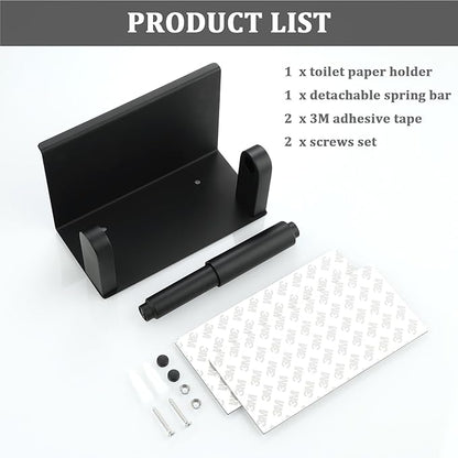 Alise Black Toilet Paper Holder,Bathroom Adhesive Toilet Paper Holder SUS304 Stainless Steel Toilet Paper Roll Holder with Shelf Spring Loaded Tissue Holder Wall Mount(Adhesive or Screw)