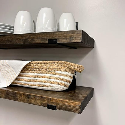 Rustic Shelves with J-Brackets Set of 2, Industrial Shelf, Kitchen Shelves, Solid Wood, Decorative Wall Storage, Heavy Duty, URBANDI (Dark Brown, 12Wx12D)