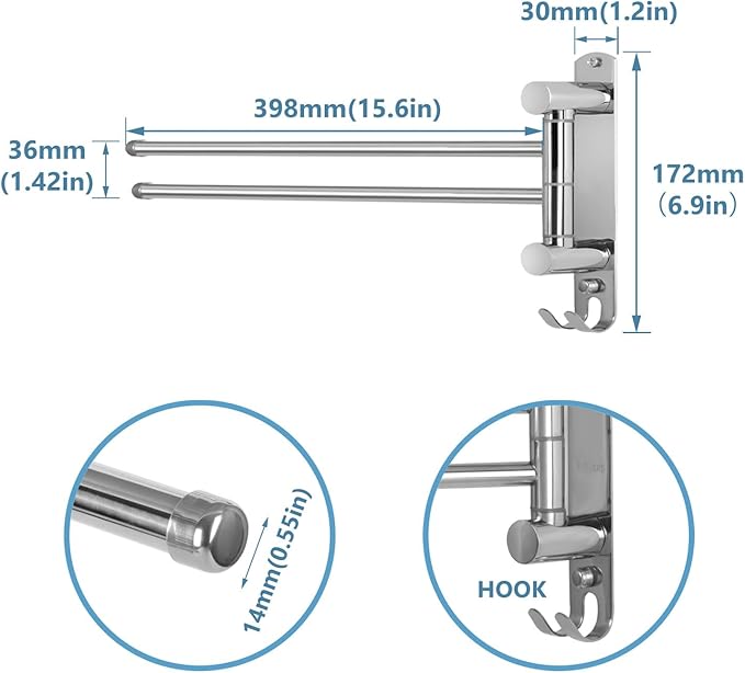 Wall Mounted Towel Rack JSVER 2 Arms Extended Swivel Towel Holder, SUS304 Stainless Steel Towel Racks for Bathroom, Kitchen