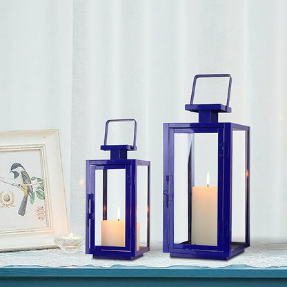 DECORKEY Lantern Decorative Outdoor&Indoor, 17''&13'' Set of 2 Blue Metal Candle Lanterns Decor, Modern Hanging/Tabletop Candle Holders for Home Porch Patio Wedding Christmas Fall Decorations