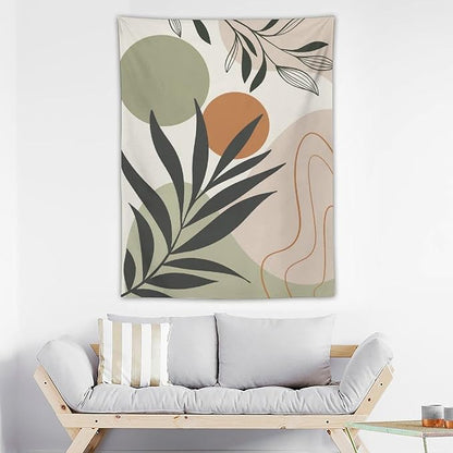 Abstract Bohemian Mid Century Tapestry, Tropical Leaves Modern Geometric Archway Minimalist Bohemian Botanical Aesthetic Wall Hanging, Sage Green Gold Home Decor Art for Bedroom 50x60 Inch