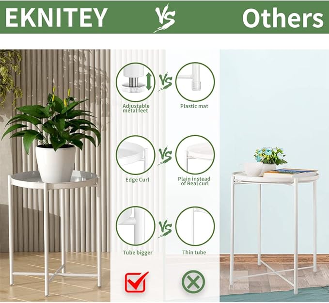 EKNITEY End Table,Folding Metal Side Table Waterproof Small Coffee Table Sofa Side Table with Removable Tray for Living Room Bedroom Balcony and Office