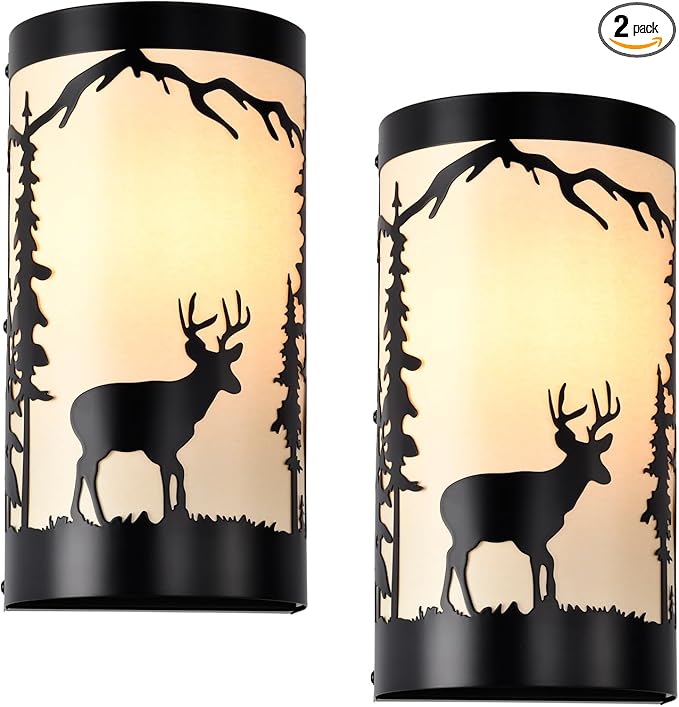 Wall Sconces Set of Two,Deer Cream White Parchment Rustic Wall Sconces,Farmhouse Black Sconce Light,Industrial Metal Indoor Wall Light Fixtures,Wall Lamps for Bedroom,Living Room,Hallway