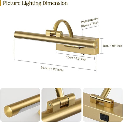 Wireless Picture Lights for Wall Rechargeable Brass Gallery Lights Battery Operated Art Lamps with Remote and Timer Dimmable Painting Lights for Artwork Portrait Display 12 Inch 2W 2700K