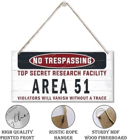 Warning Sign, Area 51 No Trespassing Warning Wood Plaque Sign, Funny Door Signs, Decorative Wood Hanging Suspension Plaque, Farmhouse Wooden Wall Decor
