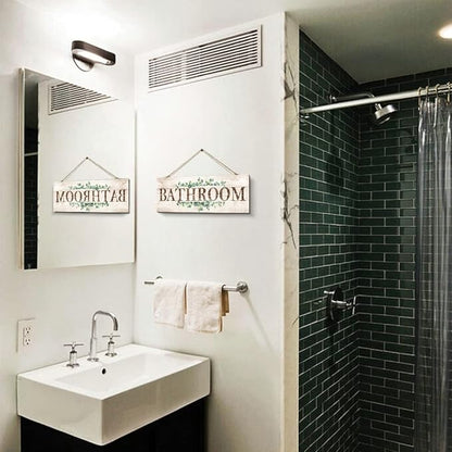 Bathroom Sign Wall Decor, Bathroom Wall Art with Plant Print, Rustic Farmhouse Wall Hanging Plaque Home Kitchen Decorative Bathroom, 4.7 x 13.7 inches