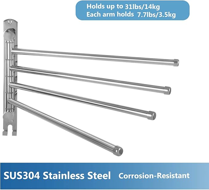 Bathroom Towel Rack JSVER 4 Arms Swivel Towel Holder, Towel Bar Wall Mounted, SUS304 Stainless Steel Space Saving Towel Rack, Towel Racks for Bathroom, Kitchen