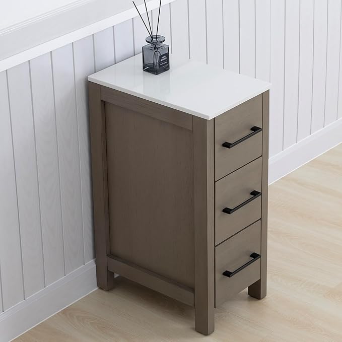 Vanity Art 12 Inch Bathroom Cabinet 3 Dove-Tailed Drawers with Engineered Marble Top Side Storage Organizer Freestanding Single Vanity VA3112-DG