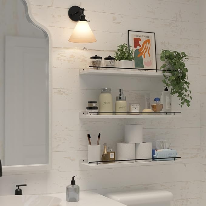 WOPITUES Floating Shelves 24 inch with Gold Metal Guardrail, Shelves for Wall Decor Set of 3, Wall Shelves for Bedroom, Bathroom, Kitchen, Living Room, Plants, Picture Frames, Art- Black and White