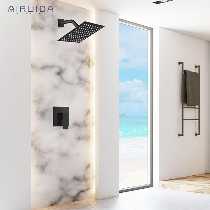 Airuida Shower Faucet Set Bathroom Rain Shower System SUS304 Stainless Steel Single Handle With Male Threads Rough-in Valve Shower Trim Kit 8 Inch Wall Mount Shower Head Matte Black