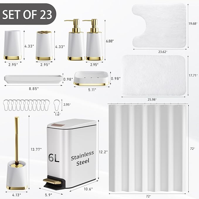 Bathroom Accessories Set - 23 PC Bathroom Sets with Shower Curtain and Rugs, White Bathroom Set, Luxurious Stainless Steel Bathroom Trash Can, Toilet Brush & Soap Dish